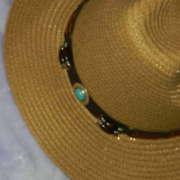 Lulla Collection Wide Brim Woven Straw Hat Beaded Turquoise Band NWT/NEW! - Picture 3 of 14